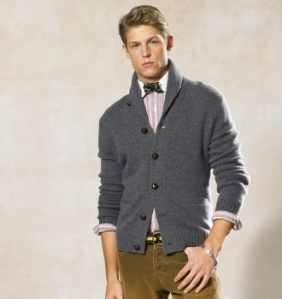 Scholarly Cardigan: Ralph Lauren Rugby, Suede Patch Shetland Cardigan, $128
